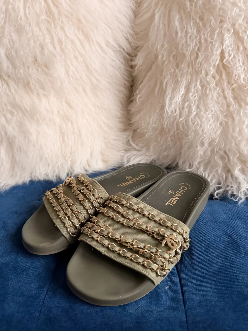 CHANEL Olive Green Chain-Embellished Slide Sandals